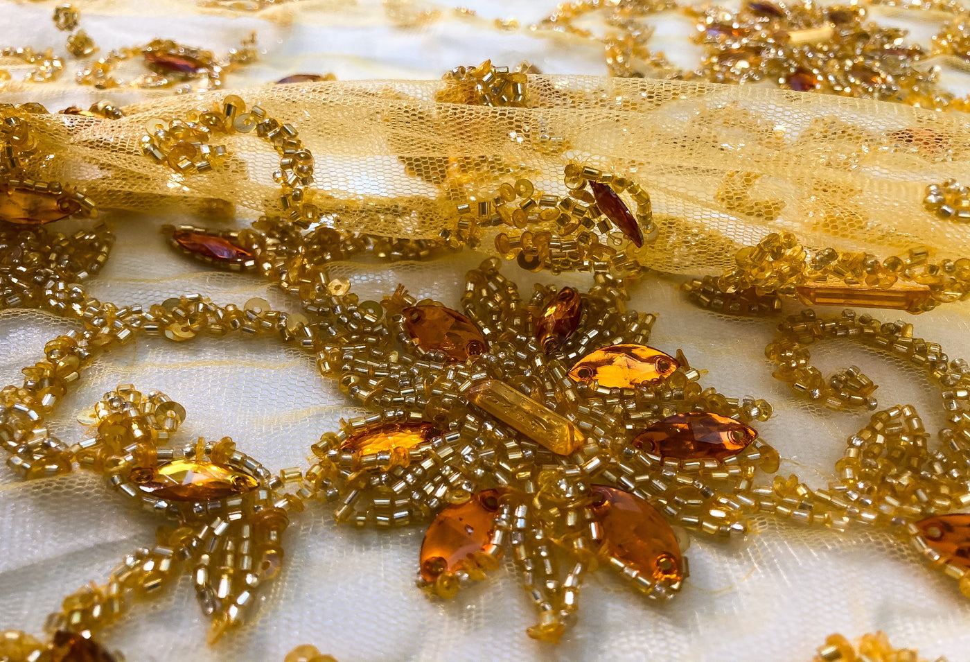 Luxury Handmade 3D beads and crystals flowers - Mustard beaded mesh -SAMPLE