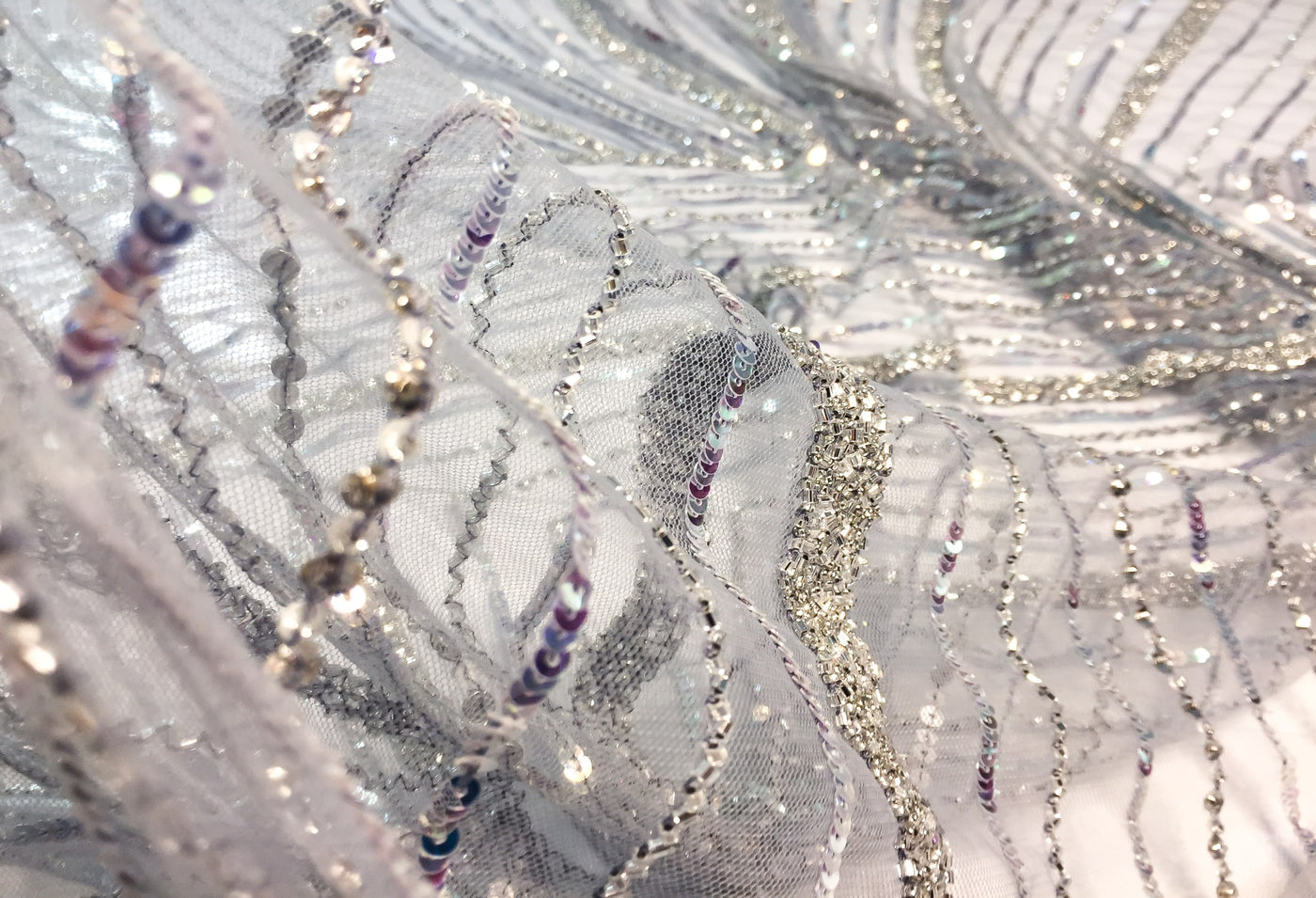 beaded lace silver beads | Glam House Fabrics