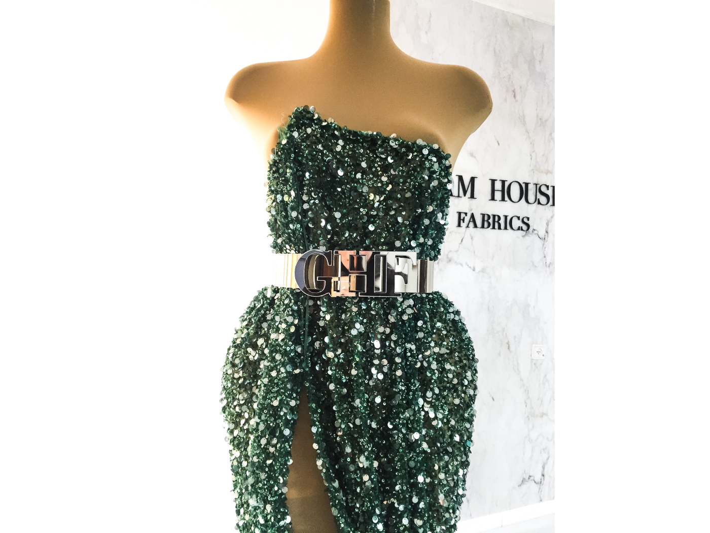 Evening dress made with handmade baeded green lace| beads and sequins| Glam House fabrics
