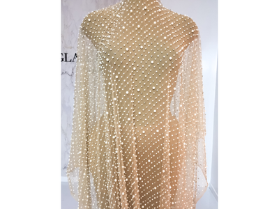 dress form wearing handmade pearls and crystal stones lace | Glam House Fabrics