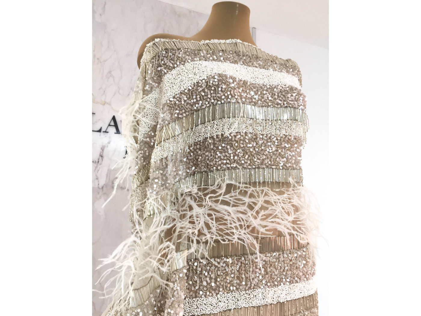 Geometric white&Pudra Handmade beaded lace with ostrich fur
