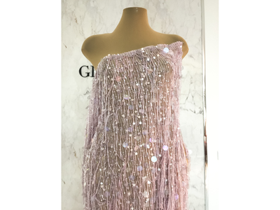 Luxury handmade gown beaded light pink glass beads fringes | Glam House fabrics