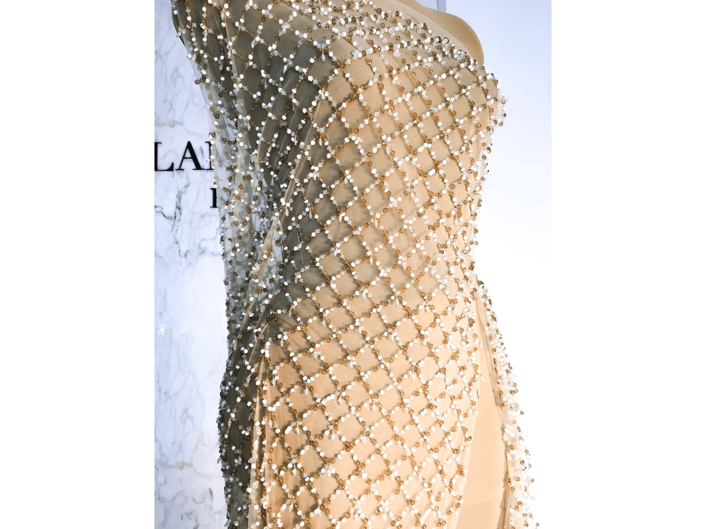 diamond shape beads | haute couture gown | Glam House Fabrics