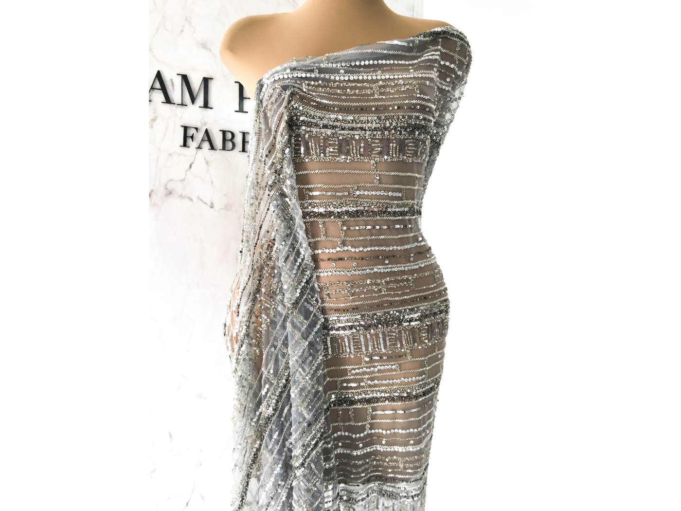 beaded silver evening dress made with handmade lace | Glam House Fabrics