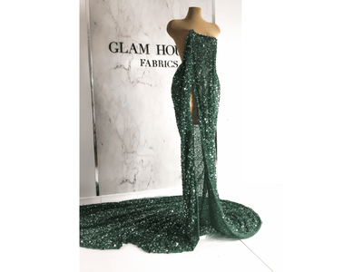 Evening dress made with handmade baeded green lace| beads and sequins| Glam House fabrics