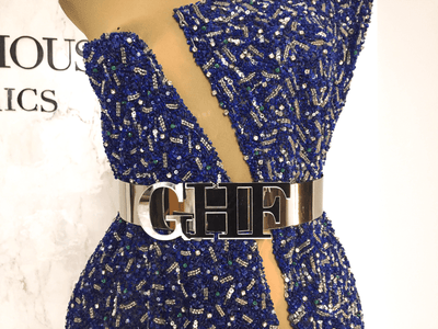Beaded dress made with handmade blue lace with crystal stones | Glam House Fabrics