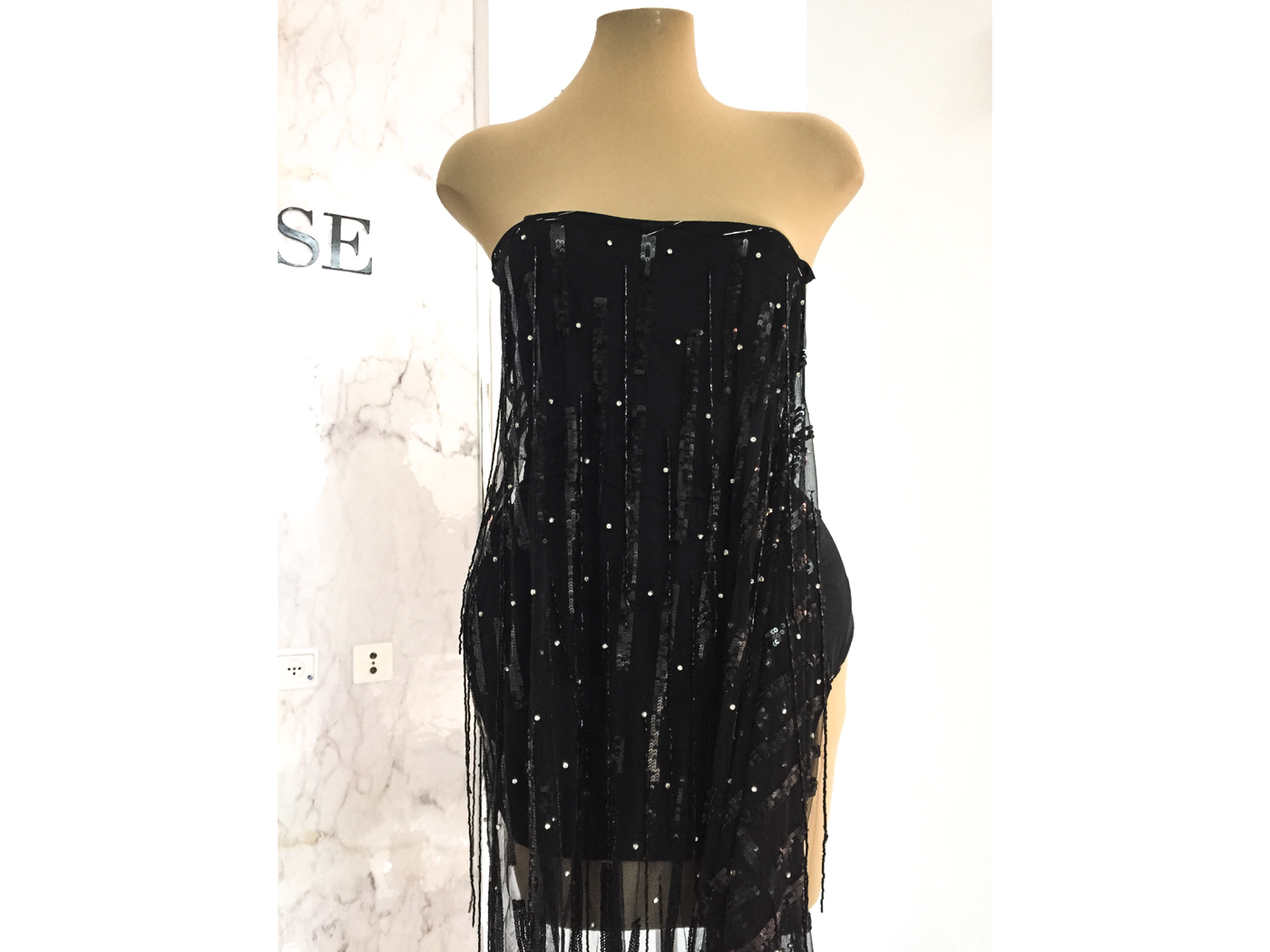 dress made with handmade beaded lace with black sequins and crystal stones | Glam House Fabrics