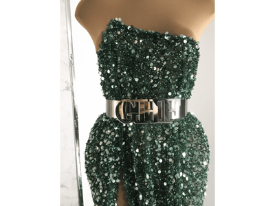 Evening gown made with handmade baeded green fabric| beads and sequins| Glam House fabrics