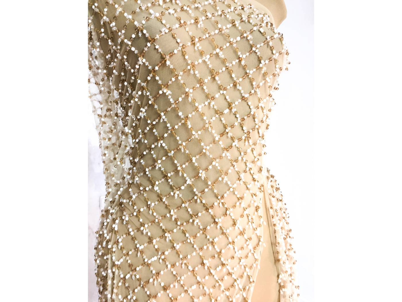 diamond shape beads | Evening gown | Glam House Fabrics