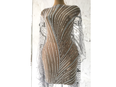 Curvy silver lines on a gray lace-dress form | Glam House Fabrics