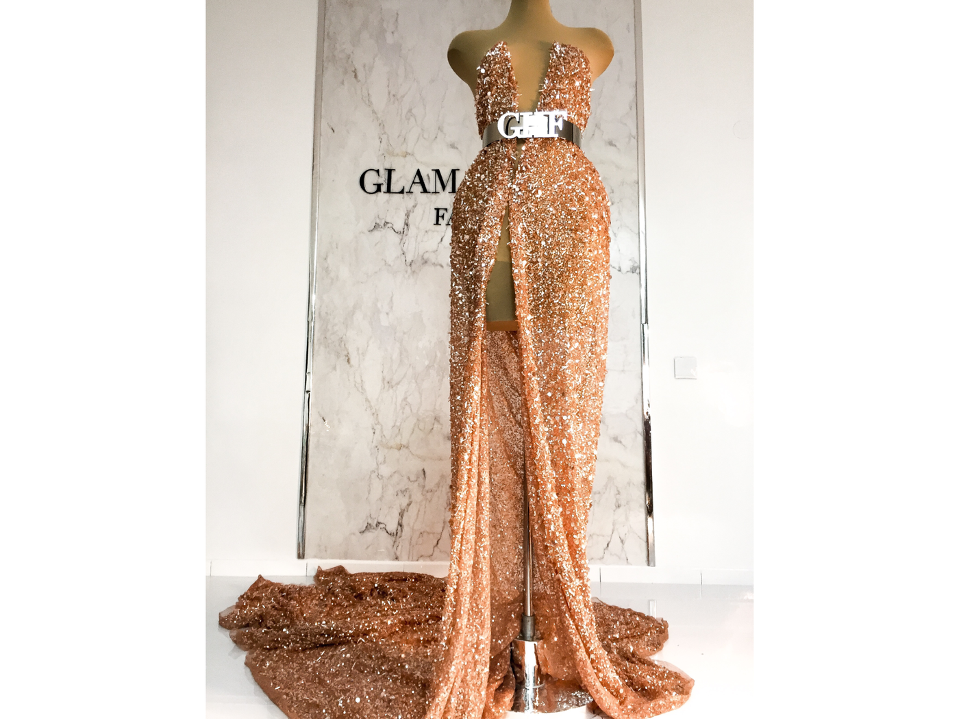 Pudra luxury evening dress | sequins and beads | Glam House Fabrics