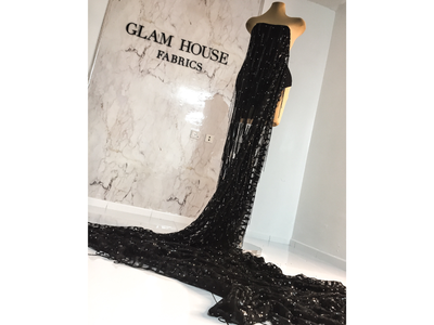 dress made with handmade beaded lace with black sequins and crystal stones | Glam House Fabrics