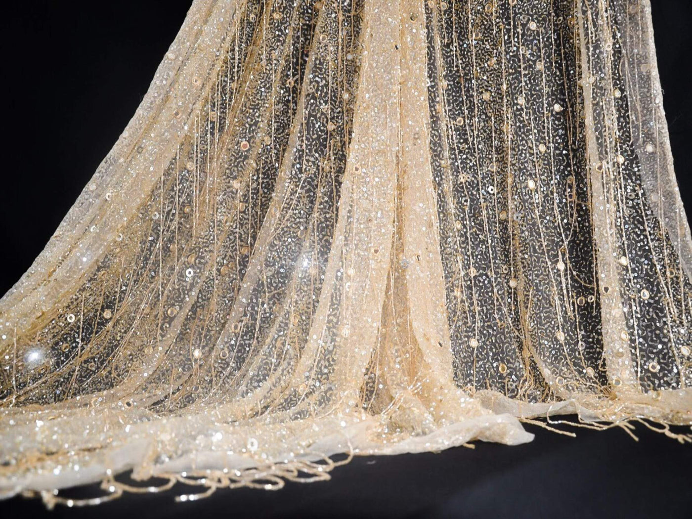 Handmade beaded lace with light champagne crystal fringes