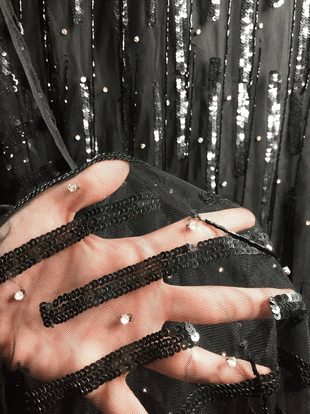 Handmade Black sequins&fringes with crystal stones lace