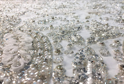 LUXURY BRIDAL BEADED LACE silver beads fabric | Glam House fabrics