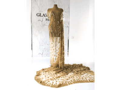luxe golden dress maxi | handmade beaded | Glam House Fabrics