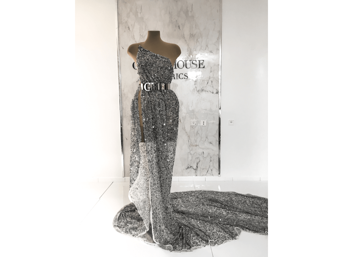 Gray beaded gown | handmade lace | Glam House Fabrics