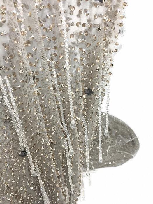 Luxury Crystal Stones gray Handmade lace with Crystal Drops Fringe